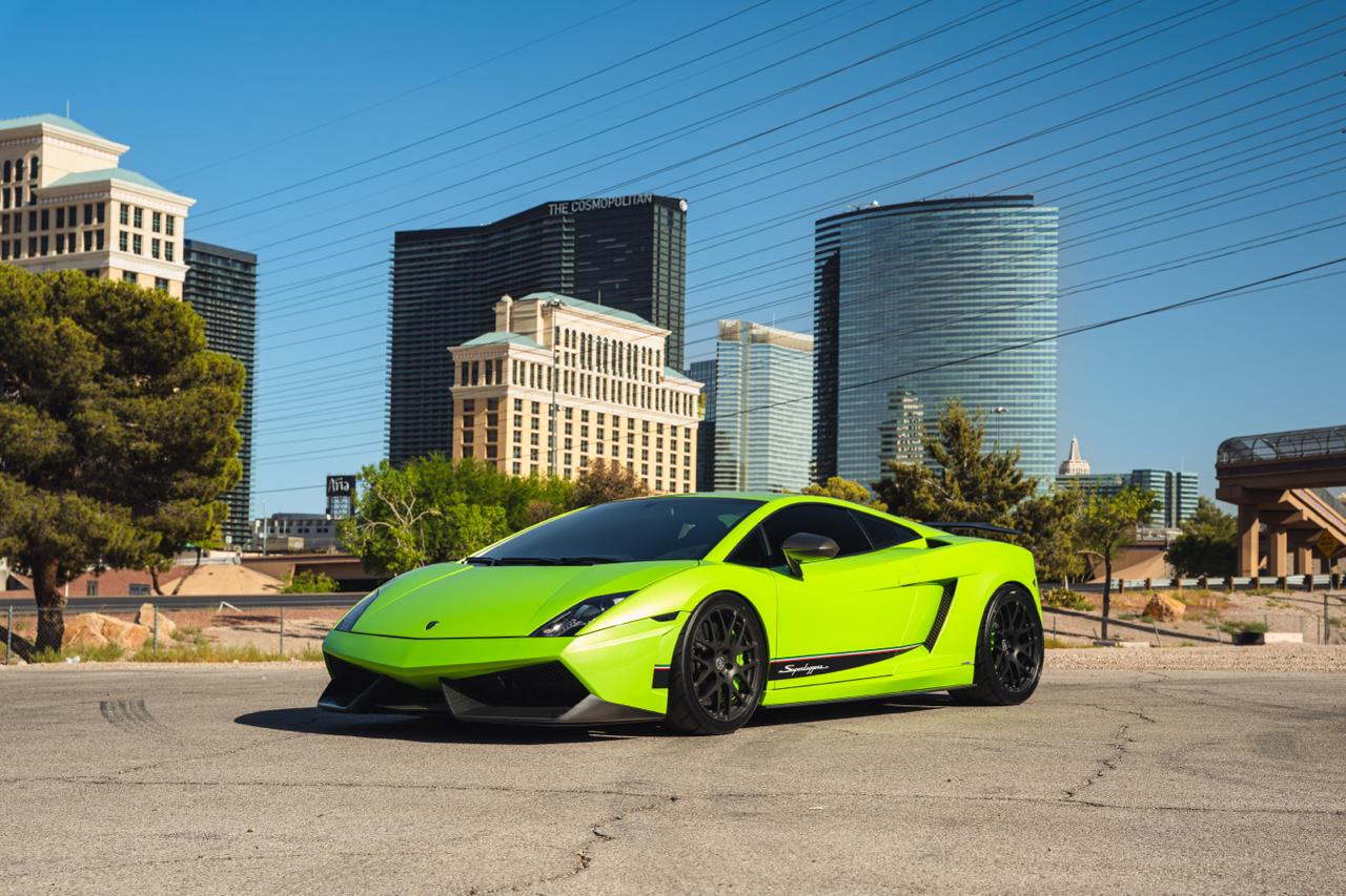 Gallardo Twin-Turbo Superleggera front three-quarter, HRE forged wheels, verde calipers