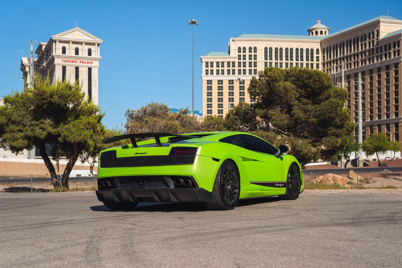 Gallardo Superleggera rear three-quarter with Las Vegas Strip skyline